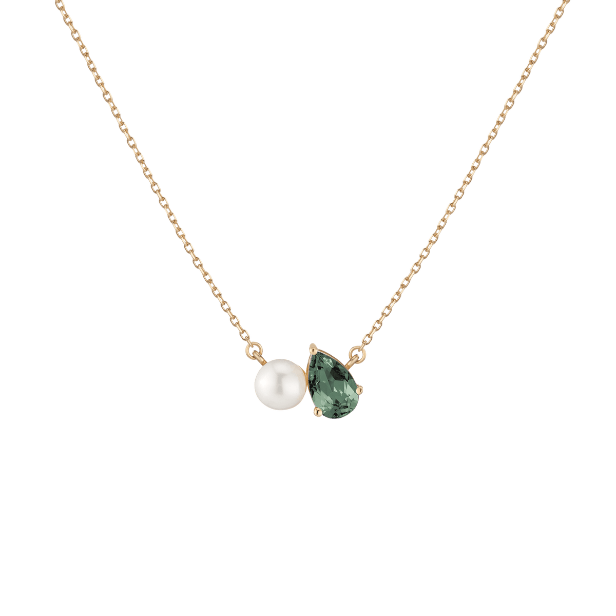 Pearl Toi et Moi Necklace Vermeil 14k 18k Yellow Gold Green Tourmaline