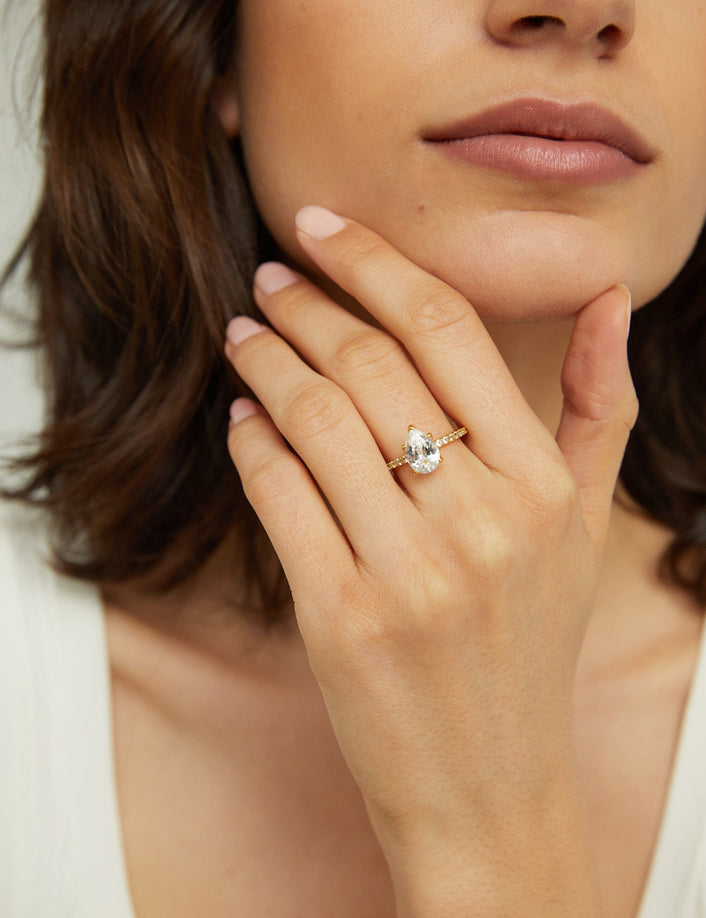 Pear White Sapphire Solitaire Pavé Ring