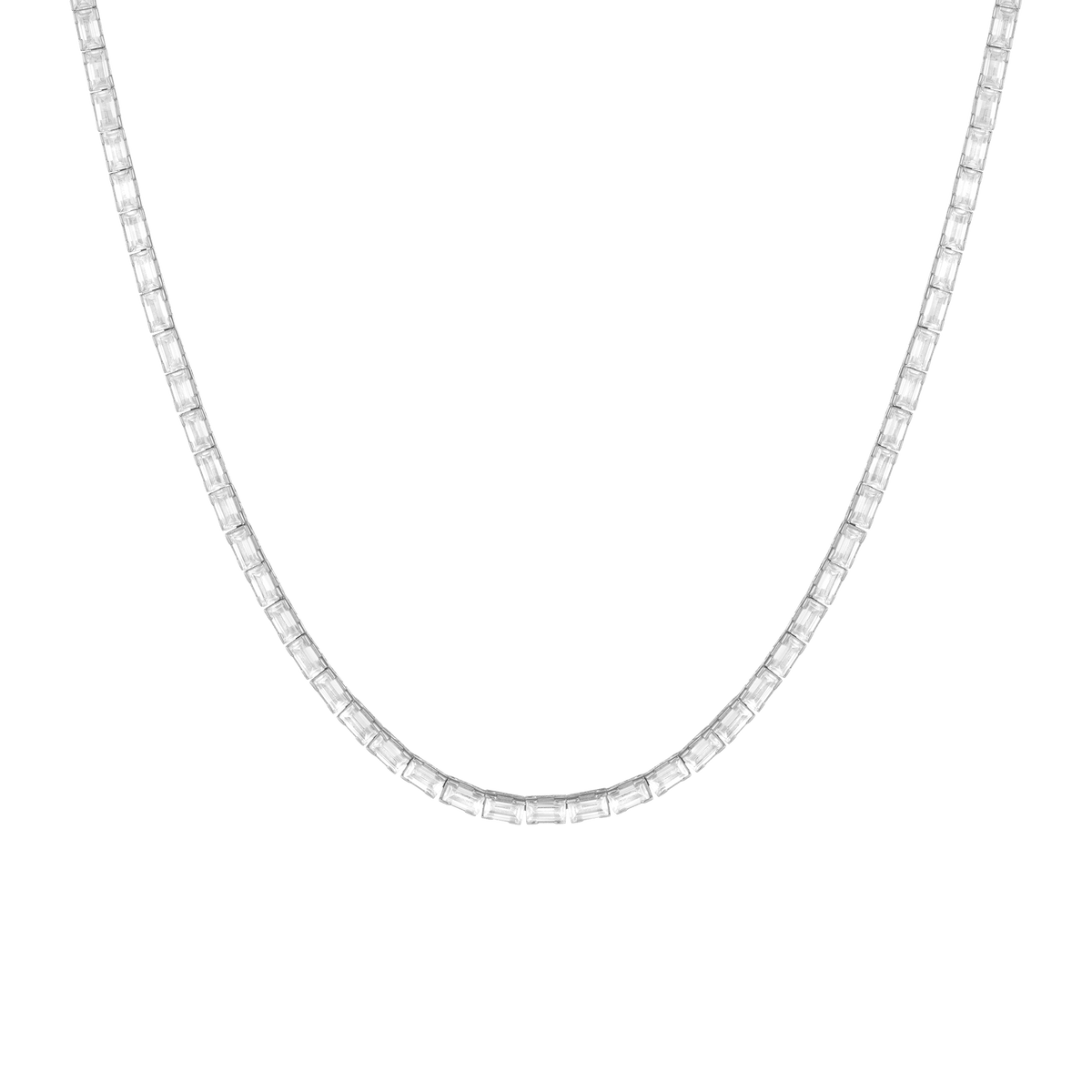 White Sapphire Horizontal Baguette Tennis Necklace Vermeil White Gold 14ct