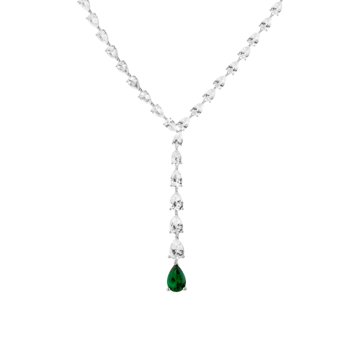 Lab Grown White Sapphire Waterfall Necklace with Emerald
