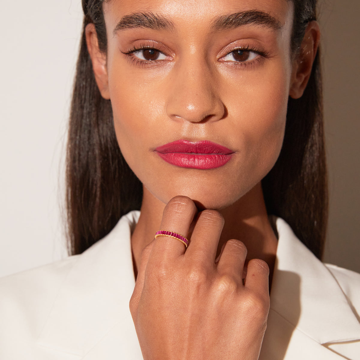 Lab Grown Red Ruby Baguette Eternity Ring