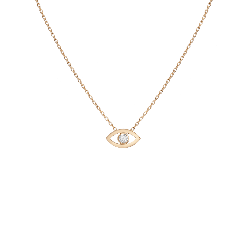Diamond Bezel Evil Eye Necklace in Yellow Rose or White Gold