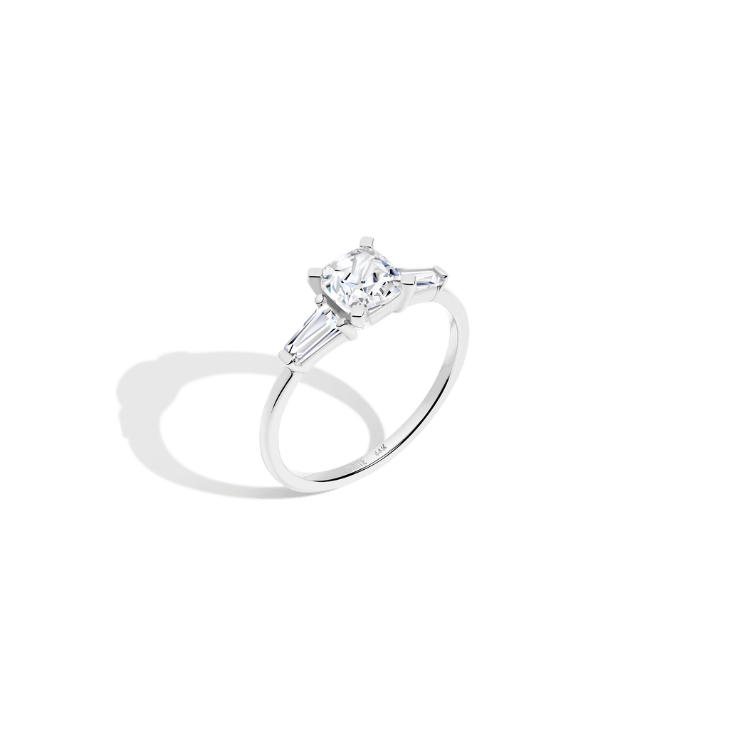 Cushion Cut Tapered Baguette Diamond Ring in Yellow Rose or White