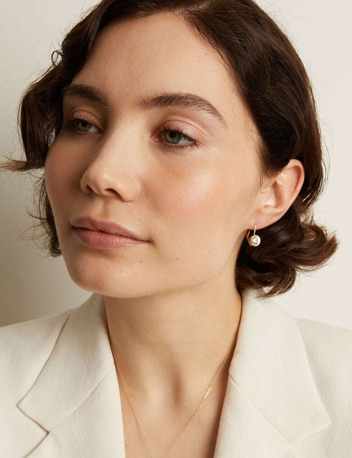 Round Lab Grown White Sapphire Bezel Drop Earrings