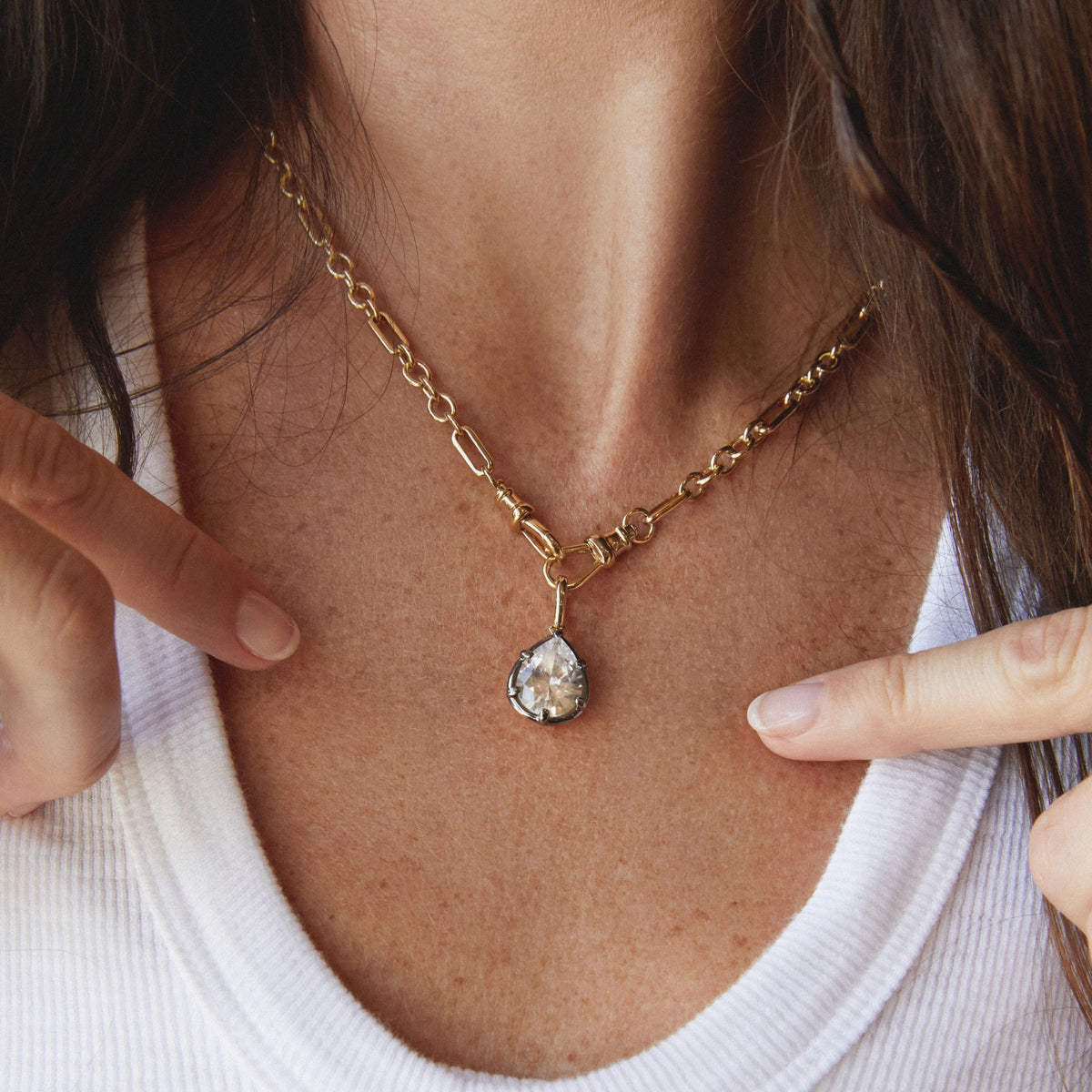 Model. Close up of woman wearing a chain necklace with a Pear Georgian Pendant. 