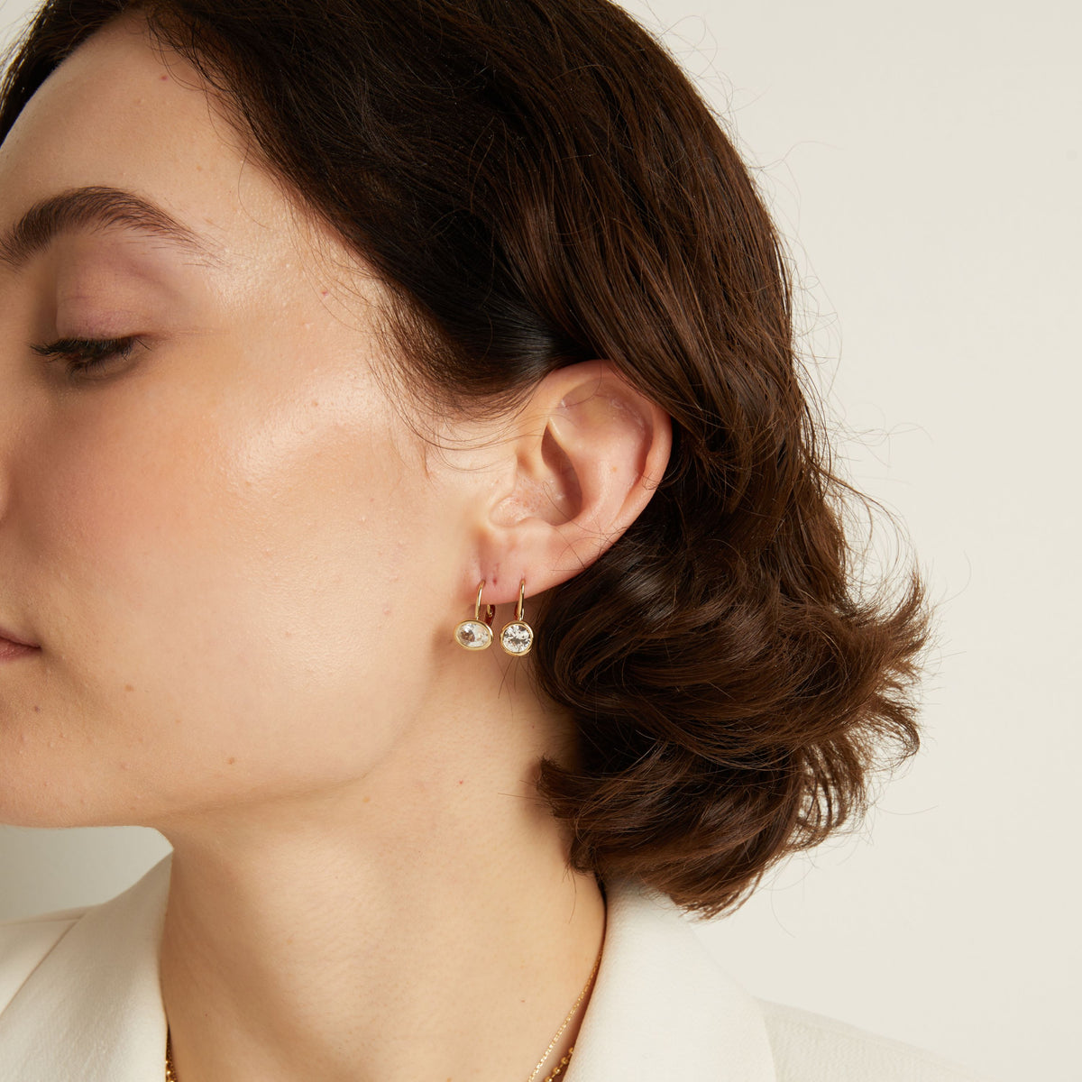 Oval Lab Grown White Sapphire Bezel Drop Earrings