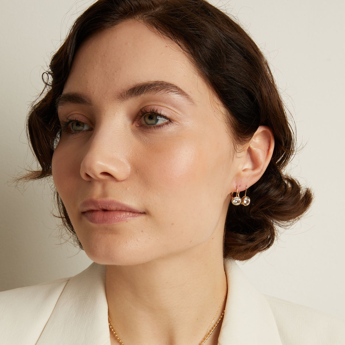 Oval Lab Grown White Sapphire Bezel Drop Earrings