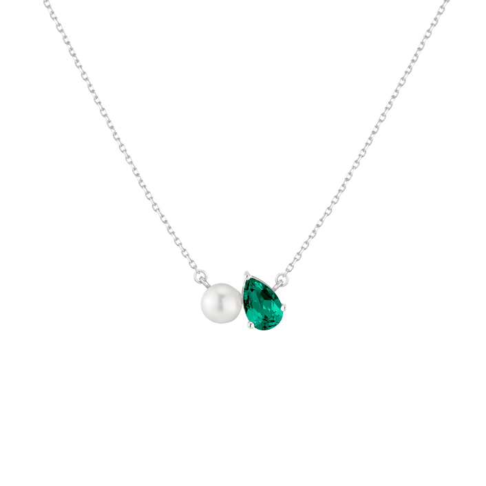 Pearl Toi et Moi Necklace Vermeil 14k 18k White Gold Green Emerald First