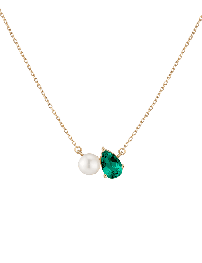 Pearl Toi et Moi Necklace Vermeil 14k 18k Yellow Gold Green Emerald First