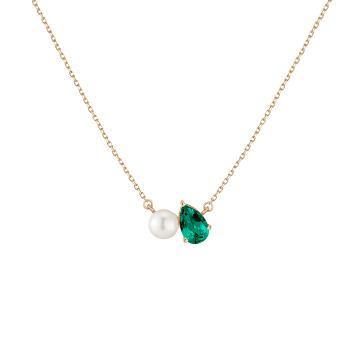 Pearl Toi et Moi Necklace Vermeil 14k 18k Yellow Gold Green Emerald First