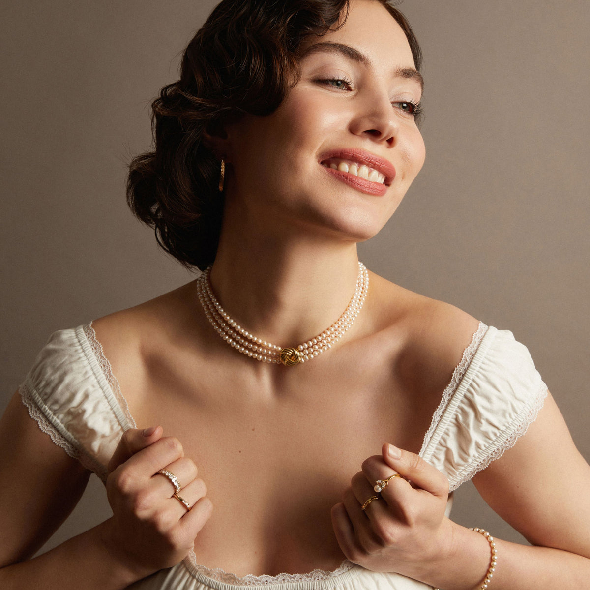 Pearl necklace on woman. Model