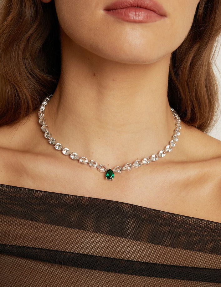Lab Grown White Sapphire and Green Emerald Pear Tennis Necklace