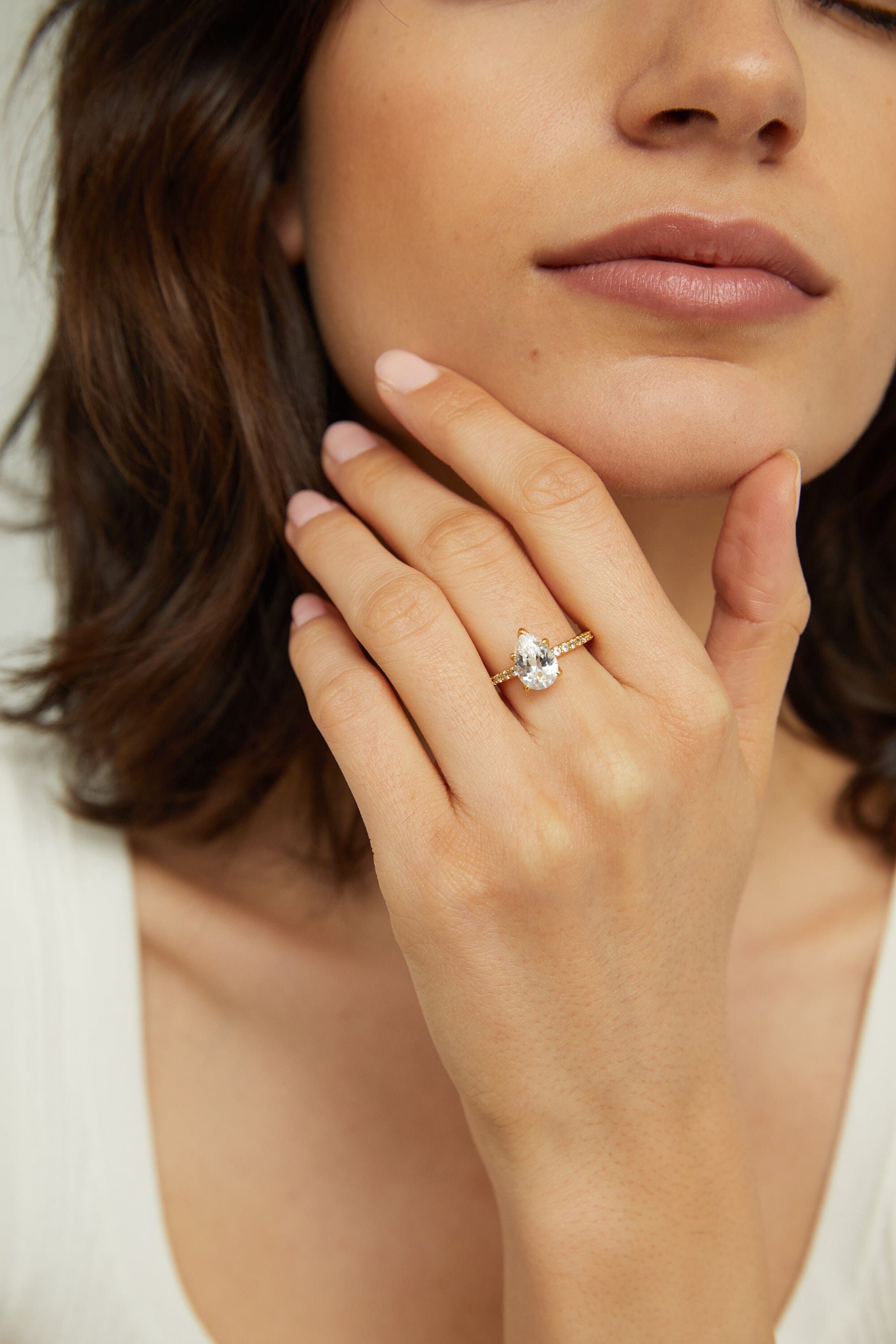 Pear White Sapphire Solitaire Pavé Ring