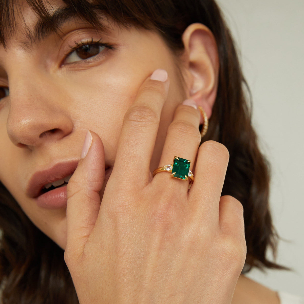 Emerald Gemstone Cocktail Ring - White Sapphire