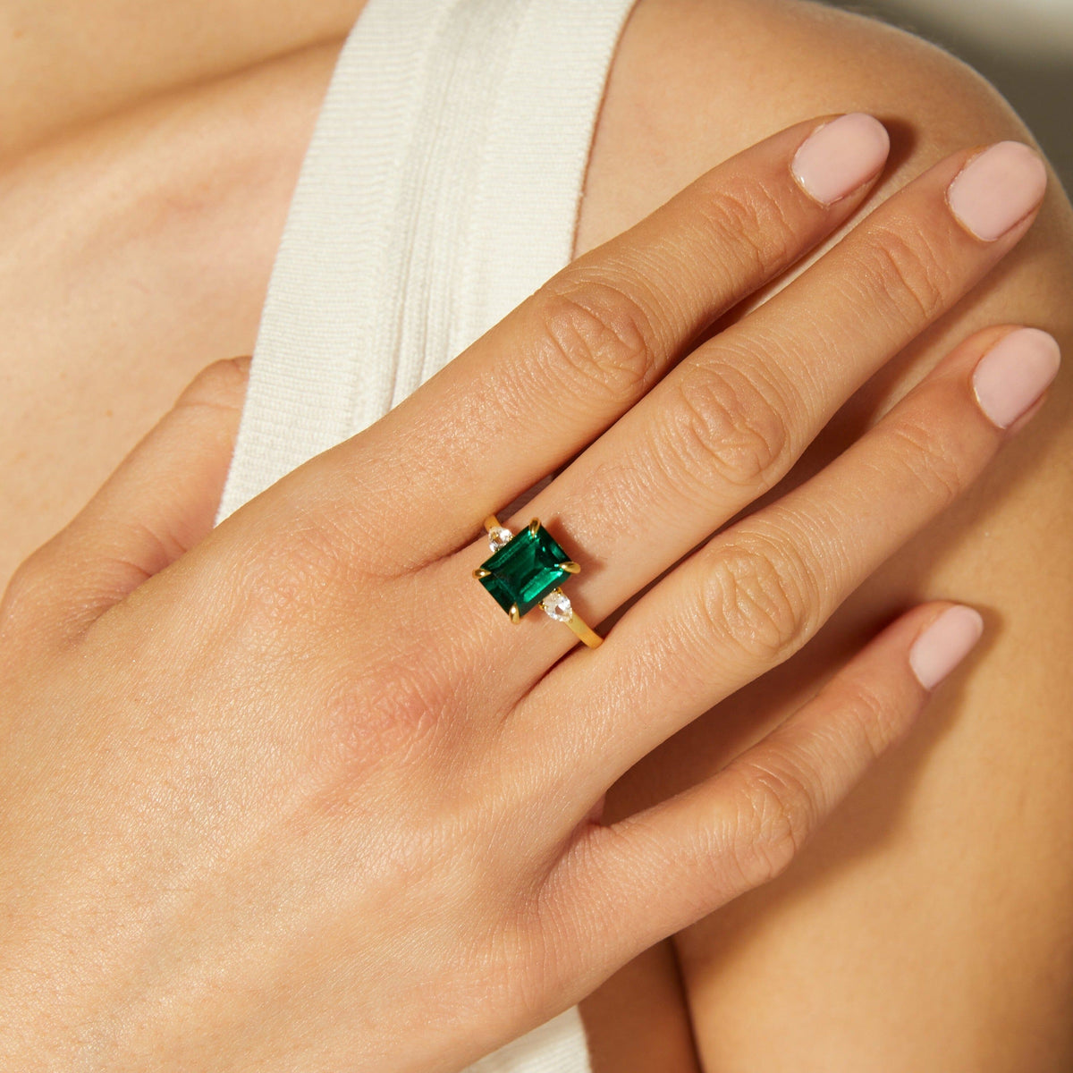 Emerald Gemstone Cocktail Ring - White Sapphire