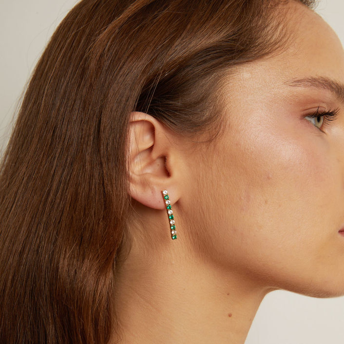 Lab Grown White Sapphire and Green Emerald Alternating Tennis Earrings