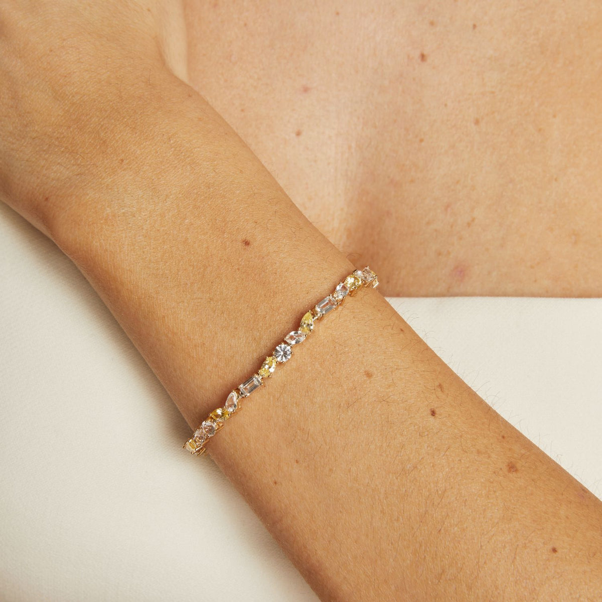 Lab Grown White Sapphire and Canary Mixed Shape Tennis Bracelet