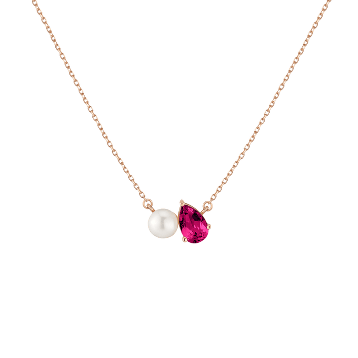 Pearl Toi et Moi Necklace Vermeil 14k 18k Rose Gold Red Ruby