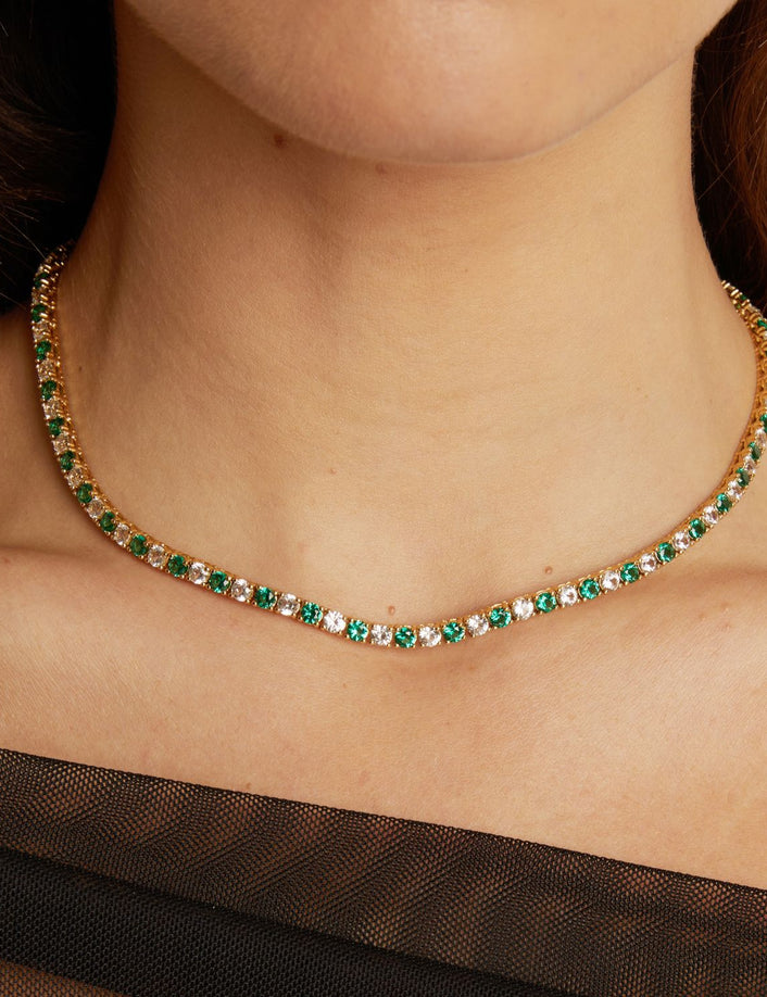 Lab Grown White Sapphire and Green Emerald Alternating Tennis Necklace