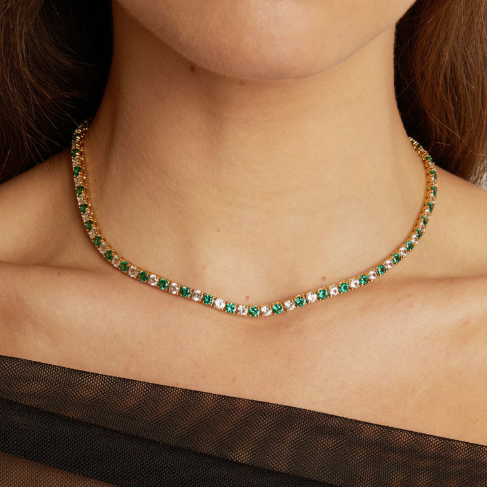 Lab Grown White Sapphire and Green Emerald Alternating Tennis Necklace