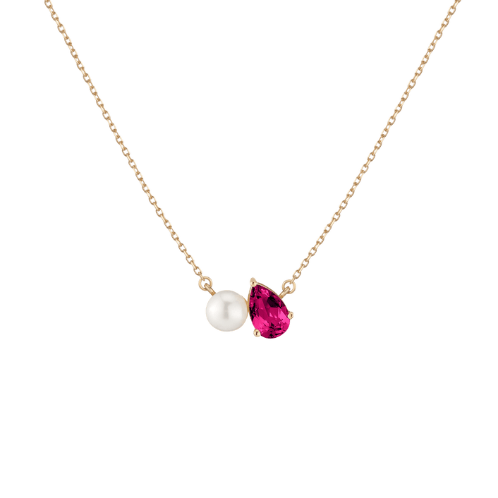 Pearl Toi et Moi Necklace Vermeil 14k 18k Yellow Gold Red Ruby