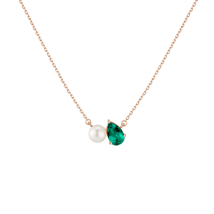 Pearl Toi et Moi Necklace Vermeil 14k 18k Rose Gold Green Emerald First