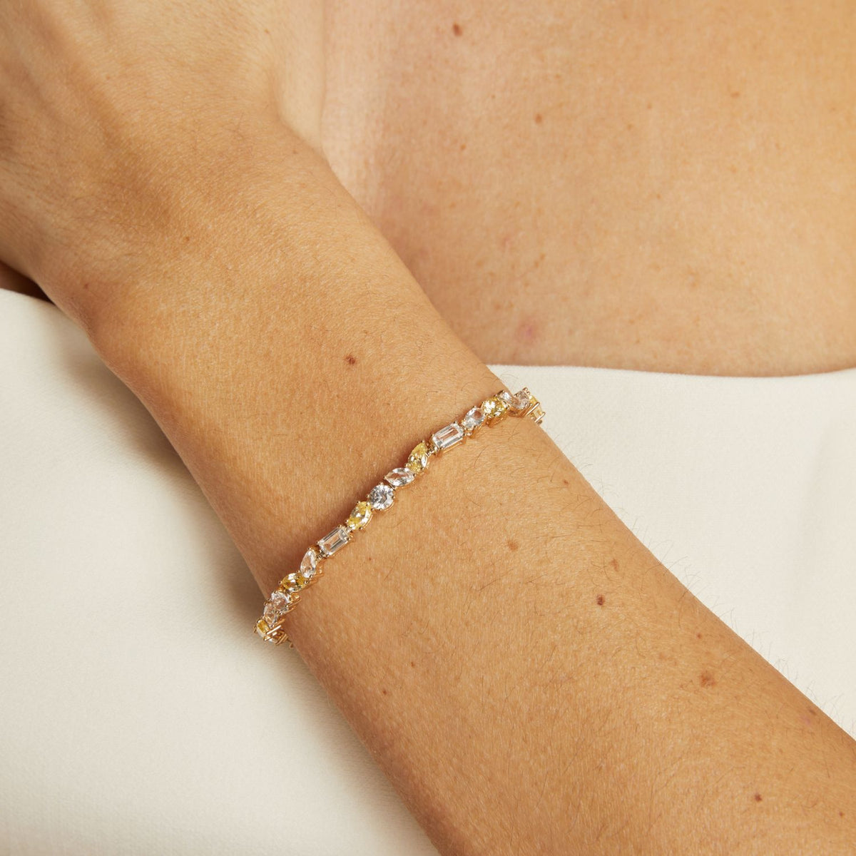 Lab Grown White Sapphire and Canary Mixed Shape Tennis Bracelet