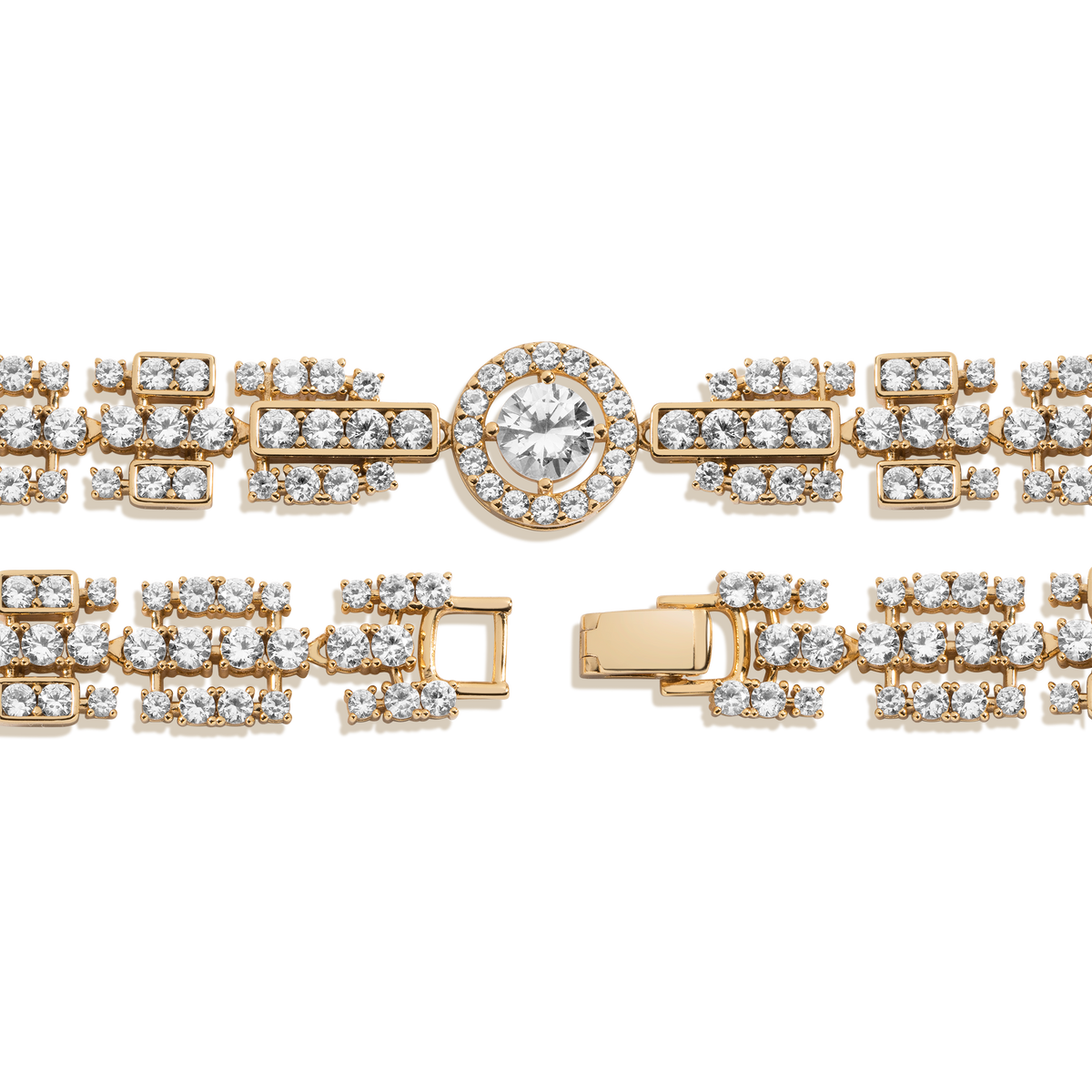 Lab Grown White Sapphire Three Layered Tennis Necklace Vermeil Yellow Gold 15in