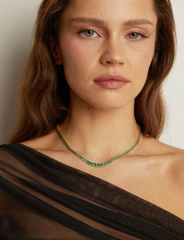 Lab Grown Green Emerald Modern Graduated Tennis Necklace
