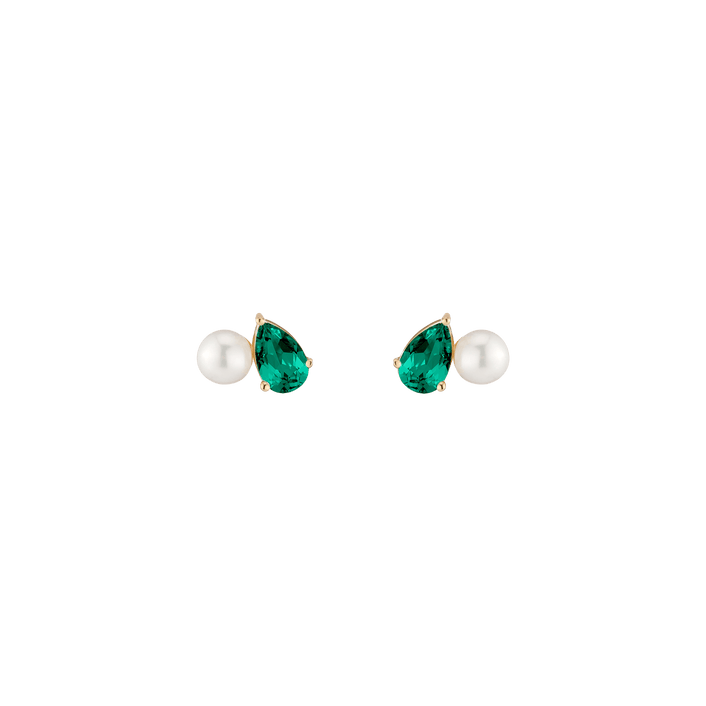 Pearl Toi et Moi Earrings  - Green Emerald Vermeil Yellow Gold Pair First
