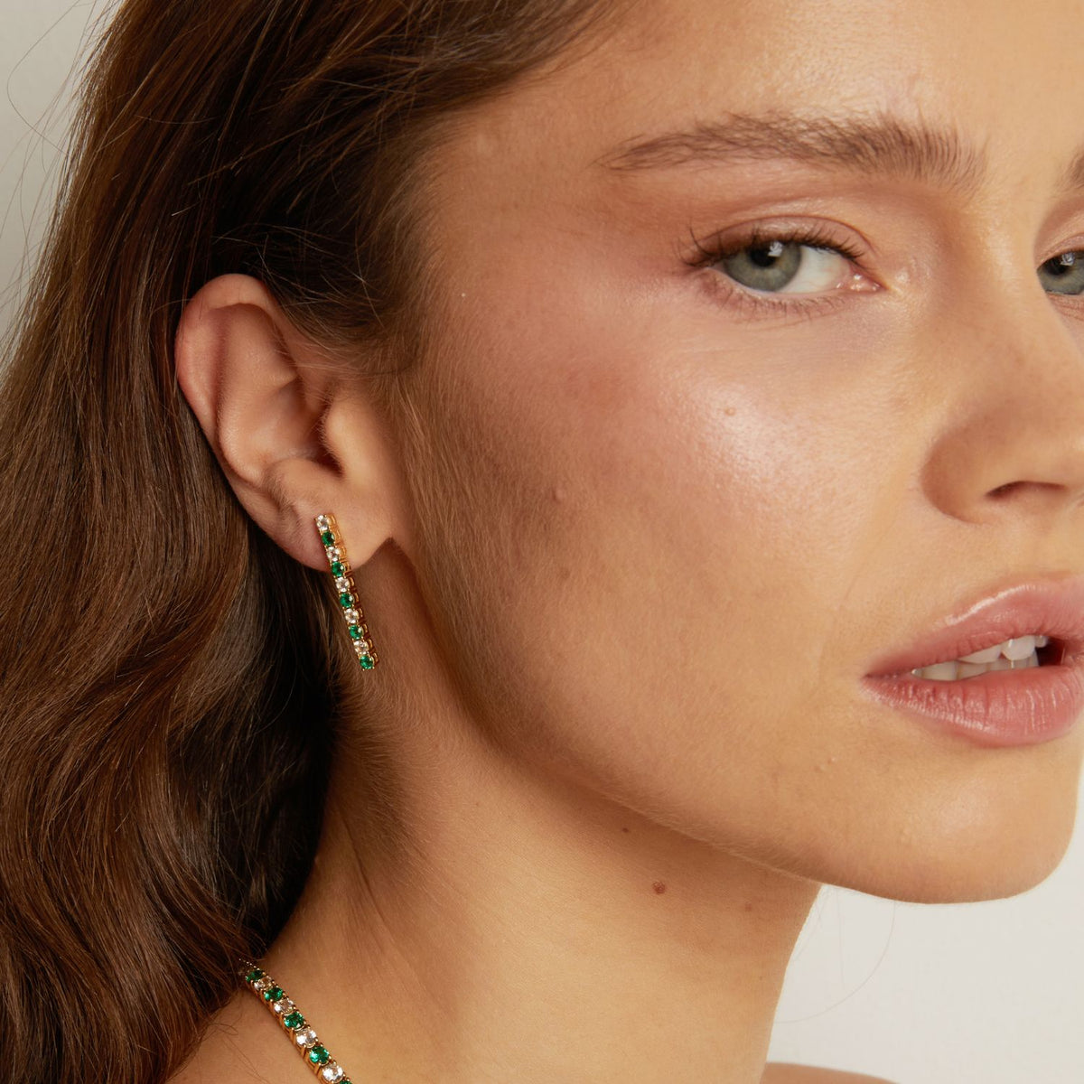 Lab Grown White Sapphire and Green Emerald Alternating Tennis Earrings