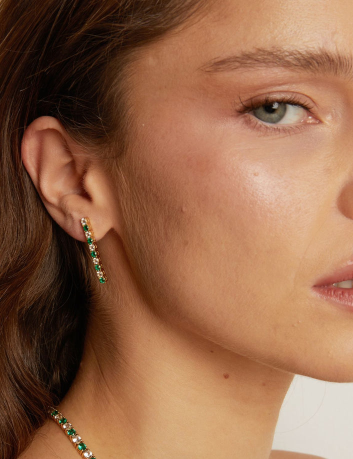 Lab Grown White Sapphire and Green Emerald Alternating Tennis Earrings