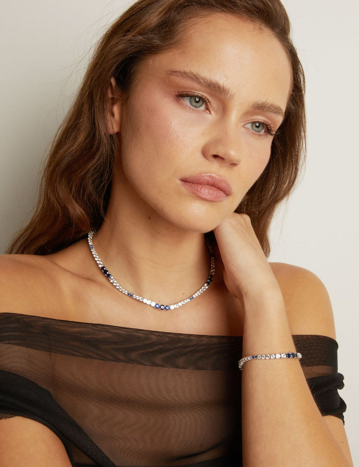Lab Grown Blue Sapphire and White Sapphire Scalloped Tennis Necklace
