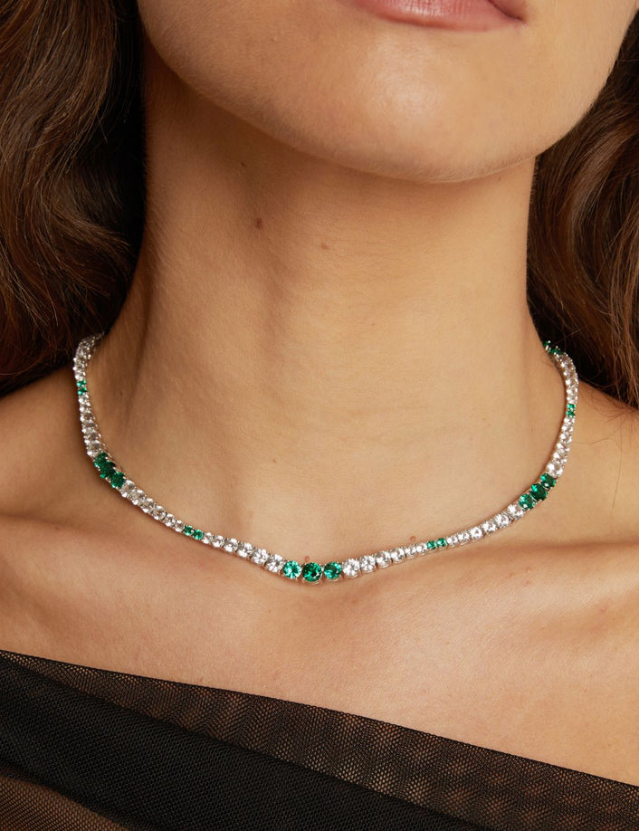 Lab Grown Green Emerald and White Sapphire Scalloped Tennis Necklace