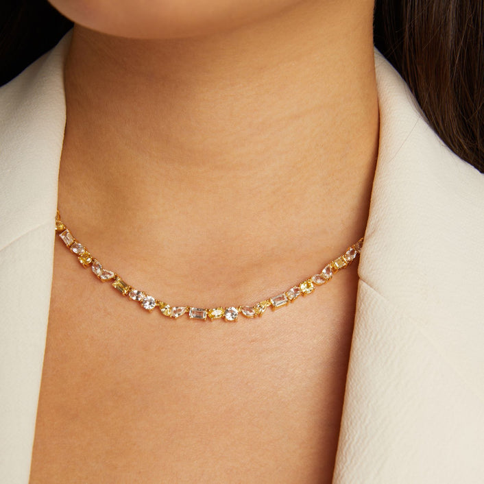Lab Grown White Sapphire and Canary Mixed Shape Tennis Necklace
