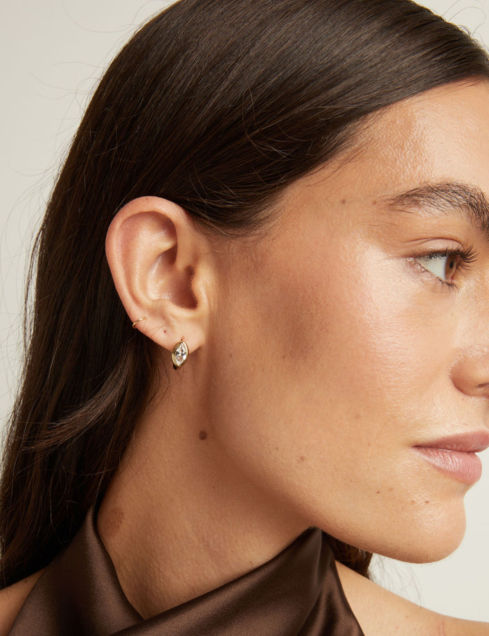 Double Bezel Marquise Lab Grown White Sapphire Huggie Earrings