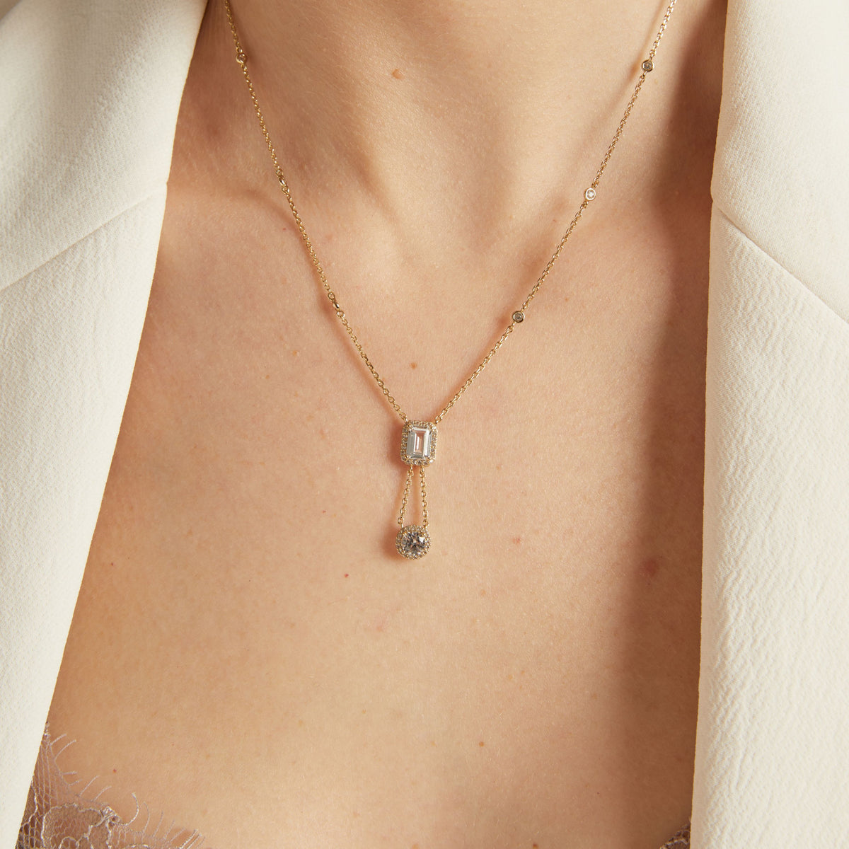 Lab Grown White Sapphire Edwardian Lariat Necklace