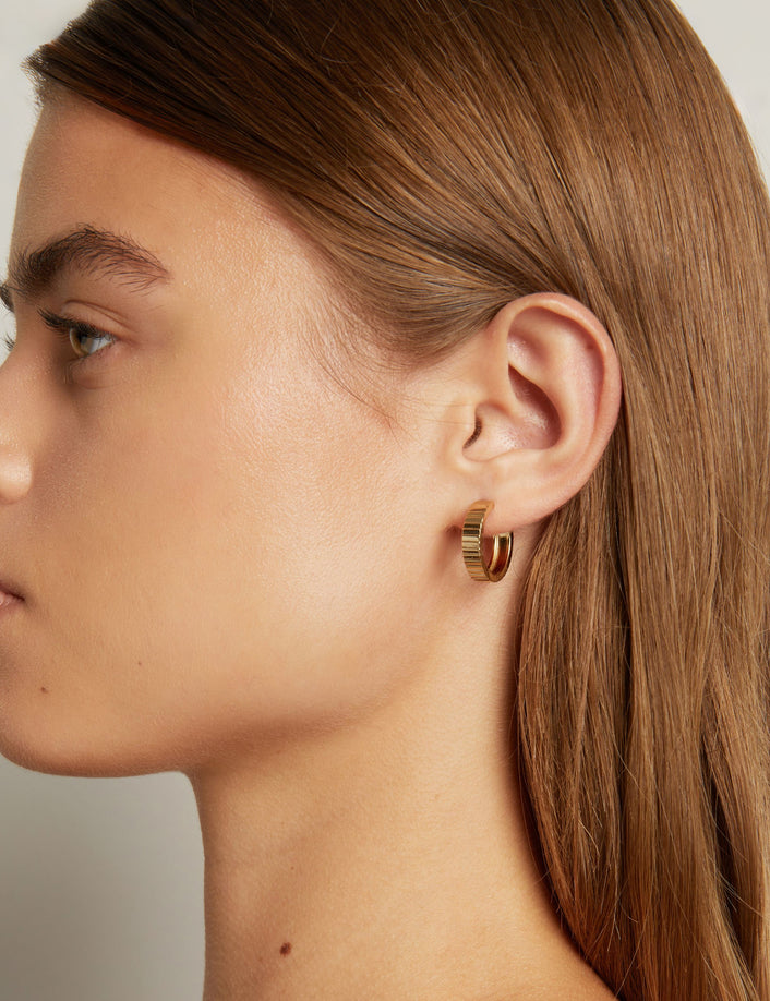 Model. Close up shot of woman with long brown hair wearing a chunky gold hoop earring in neutral background.