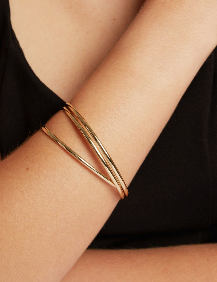 Close up of wrist with interlocking bangle bracelet.