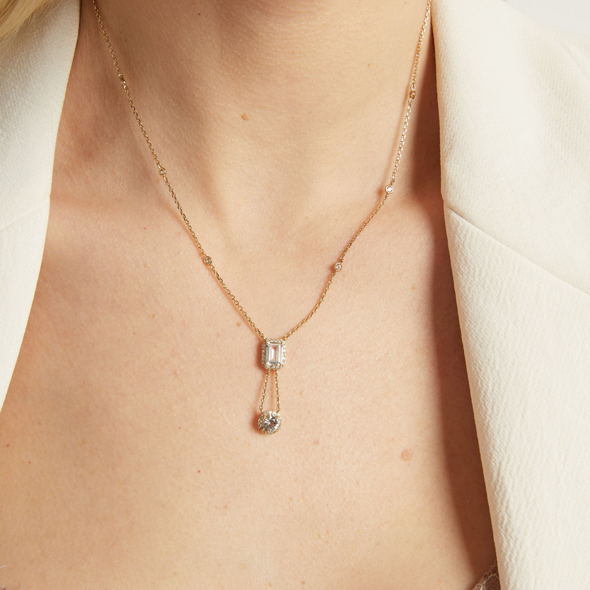 Lab Grown White Sapphire Edwardian Lariat Necklace