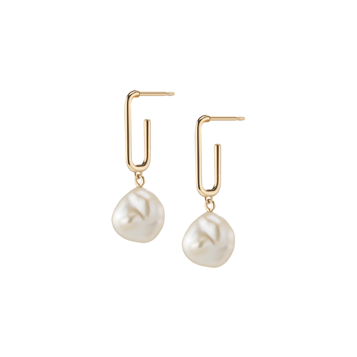 Organic Pearl Drop Rectangle Hoops Vermeil Yellow Gold Single Pair First