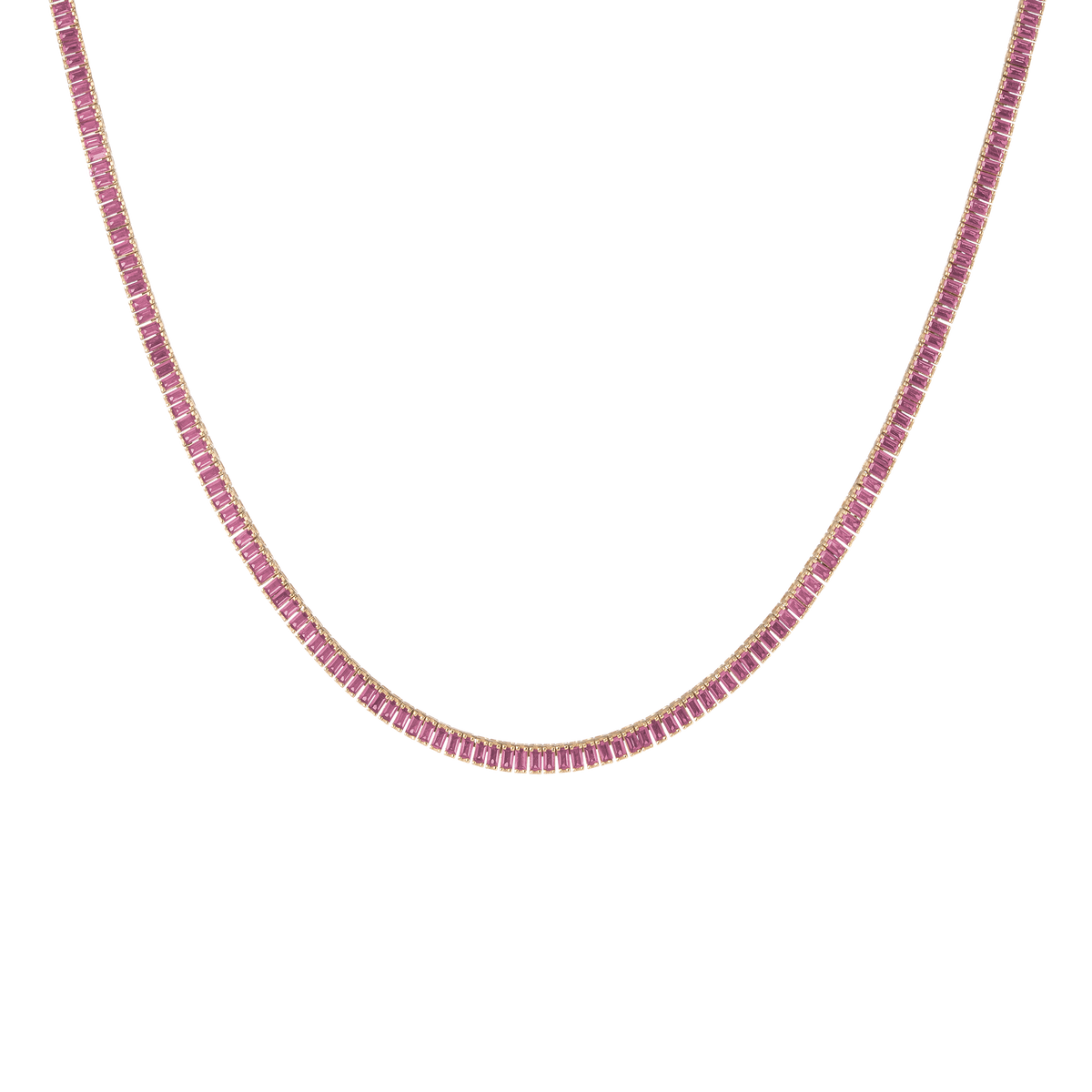 Lab Grown Pink Sapphire Baguette Tennis Necklace Vermeil Yellow Gold 16in First