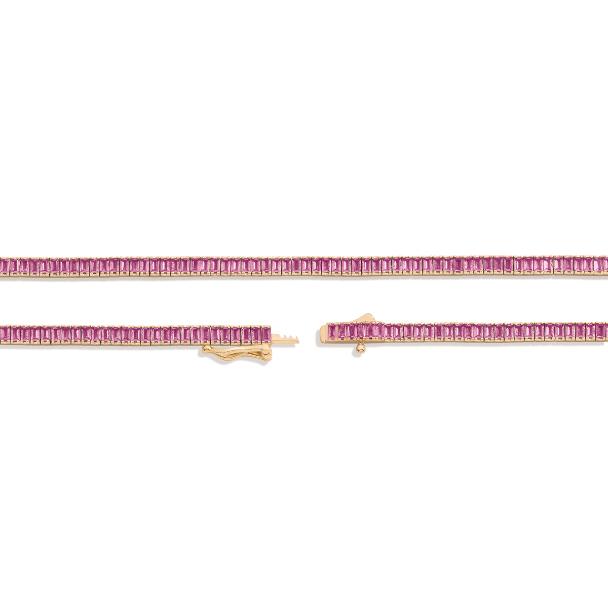 Lab Grown Pink Sapphire Baguette Tennis Necklace Vermeil Yellow Gold 16in