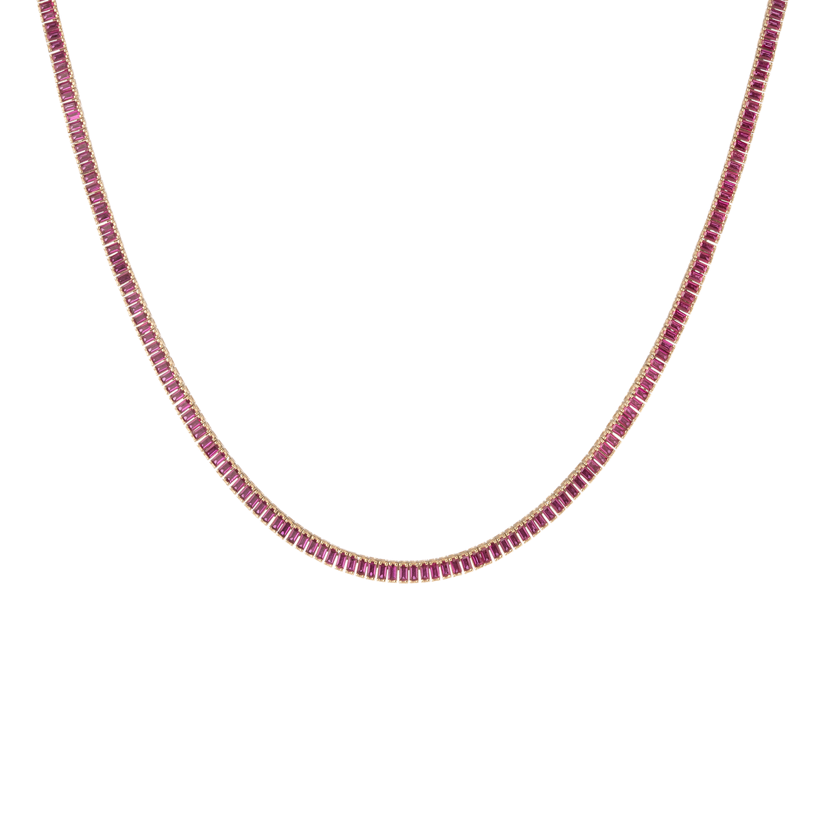 Lab Grown Red Ruby Baguette Tennis Necklace Vermeil Yellow Gold 16in First