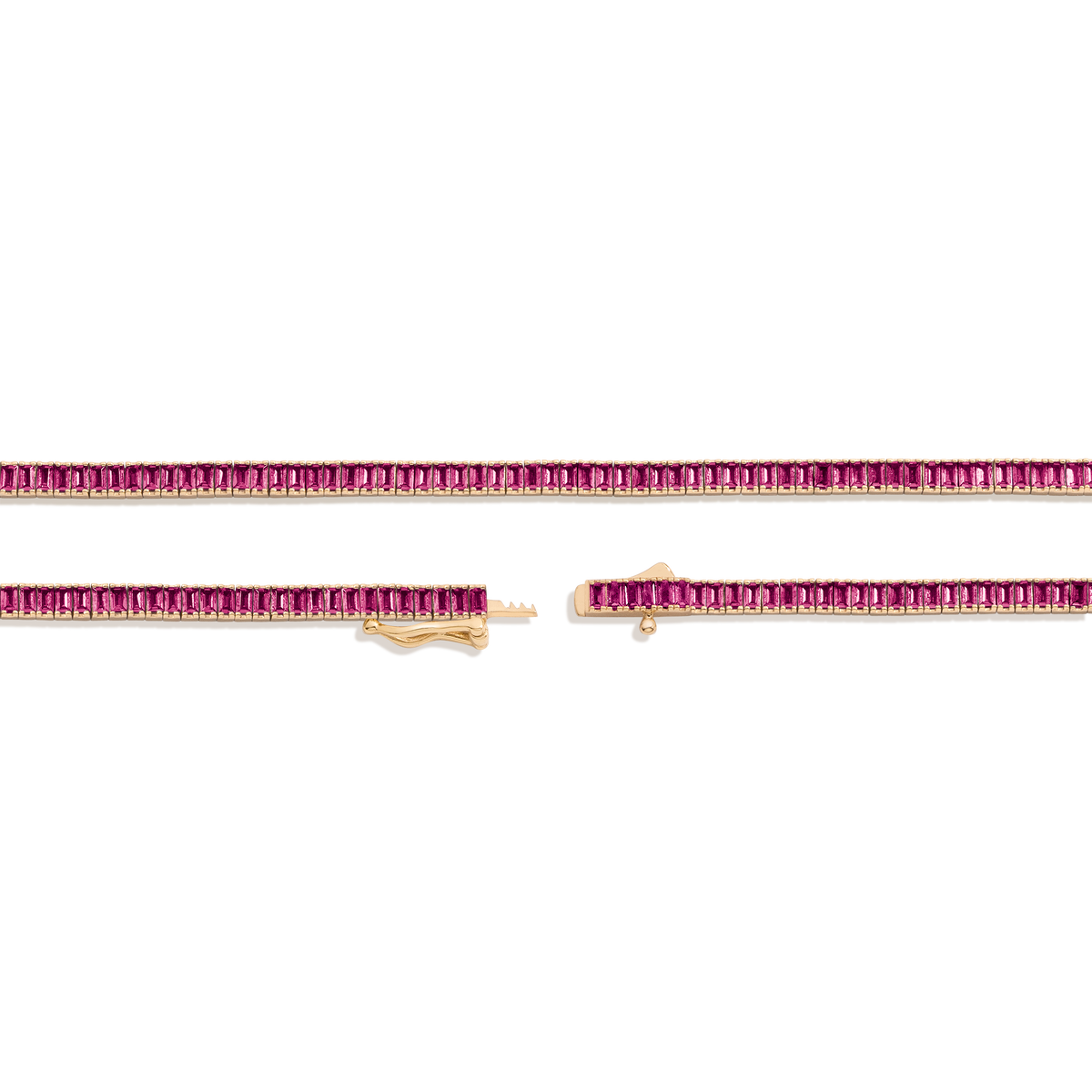 Lab Grown Red Ruby Baguette Tennis Necklace Vermeil Yellow Gold 16in