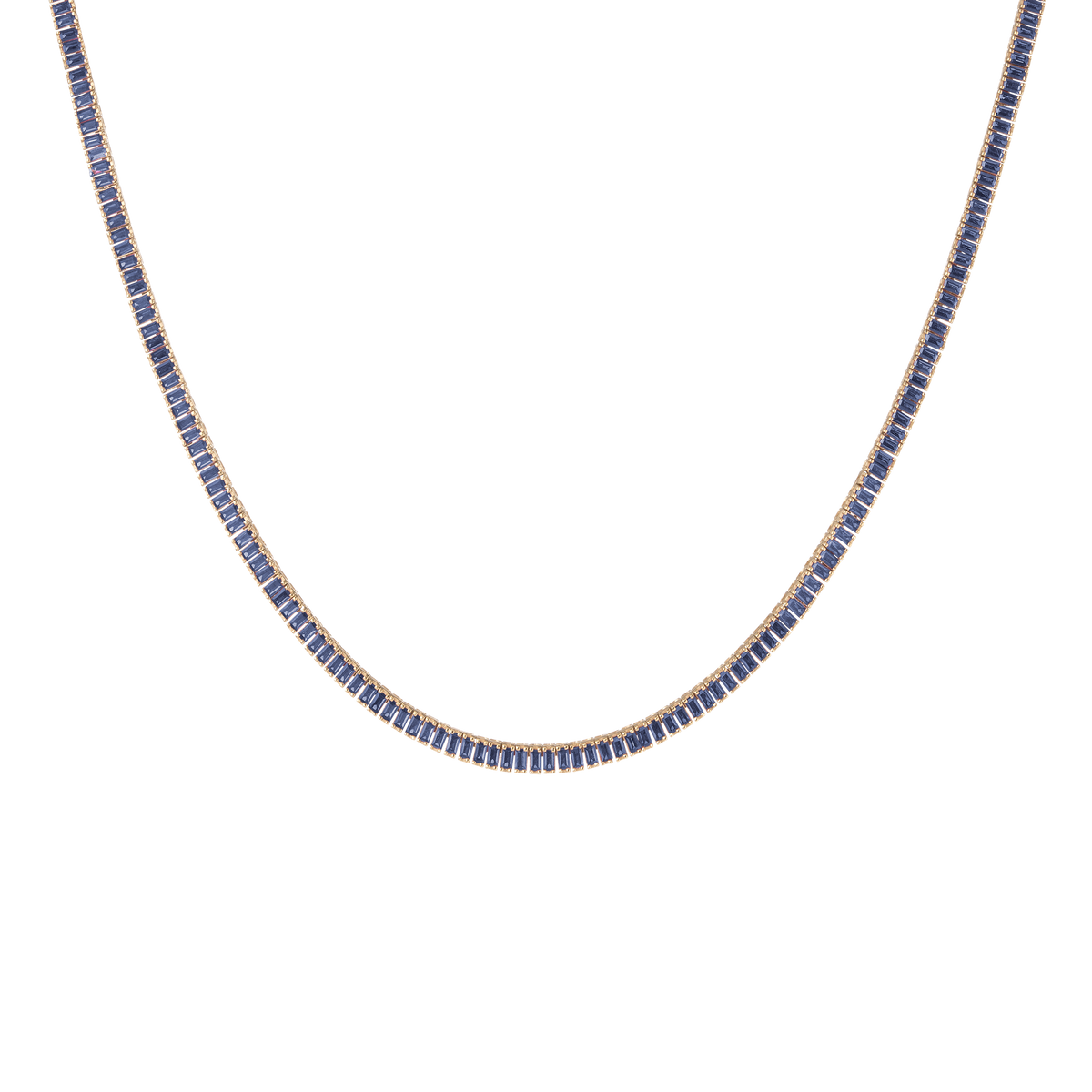 Lab Grown Blue Sapphire Baguette Tennis Necklace Vermeil Yellow Gold 16in First