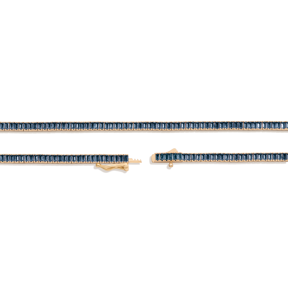 Lab Grown Blue Sapphire Baguette Tennis Necklace Vermeil Yellow Gold 16in