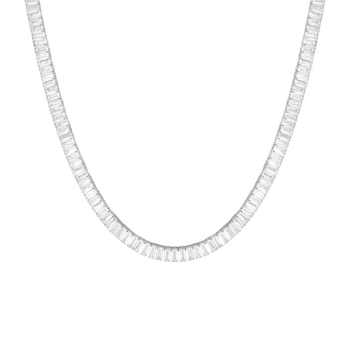 White Sapphire Baguette Tennis Necklace Vermeil White Gold 27ct