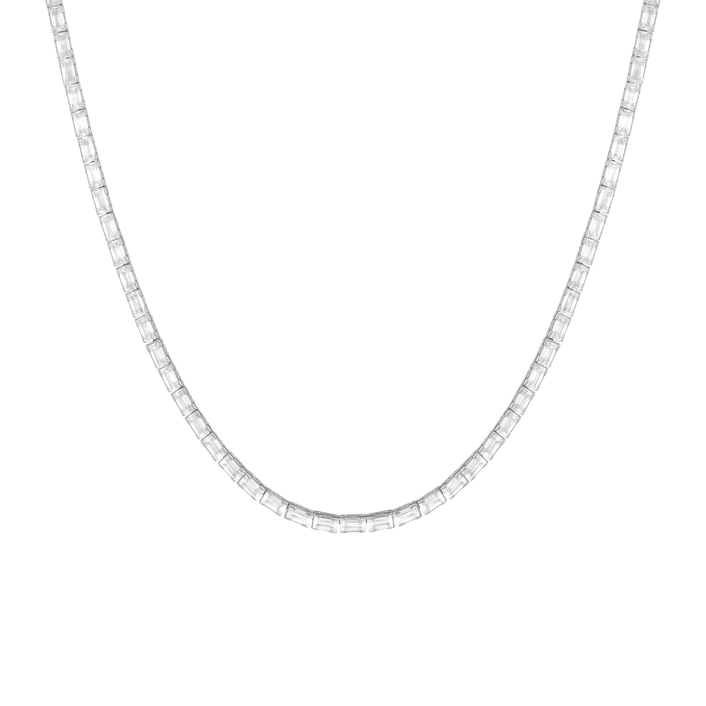 White Sapphire Horizontal Baguette Tennis Necklace Vermeil White Gold 14ct