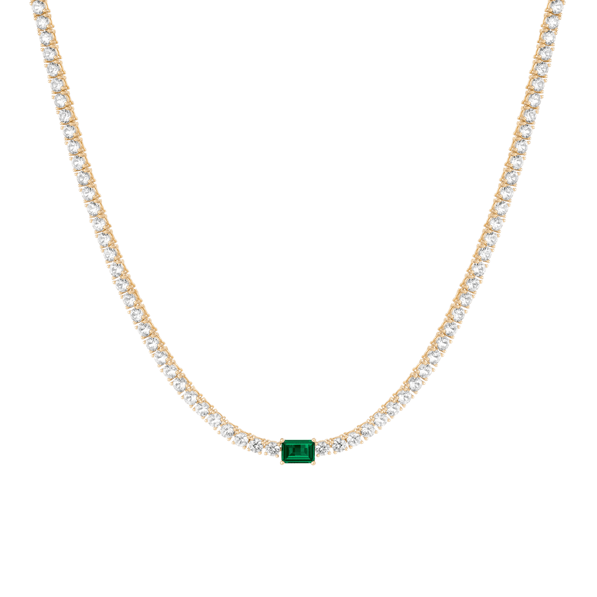 White Sapphire Tennis Necklace with Emerald Vermeil Yellow Gold First